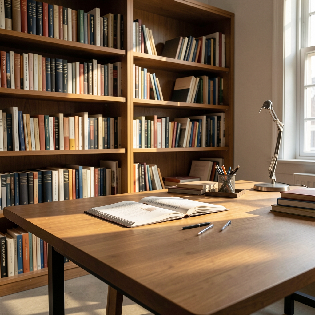 Editorial studio interior with shelves of reference books, a standing desk, and afternoon light falling across an open research folder
