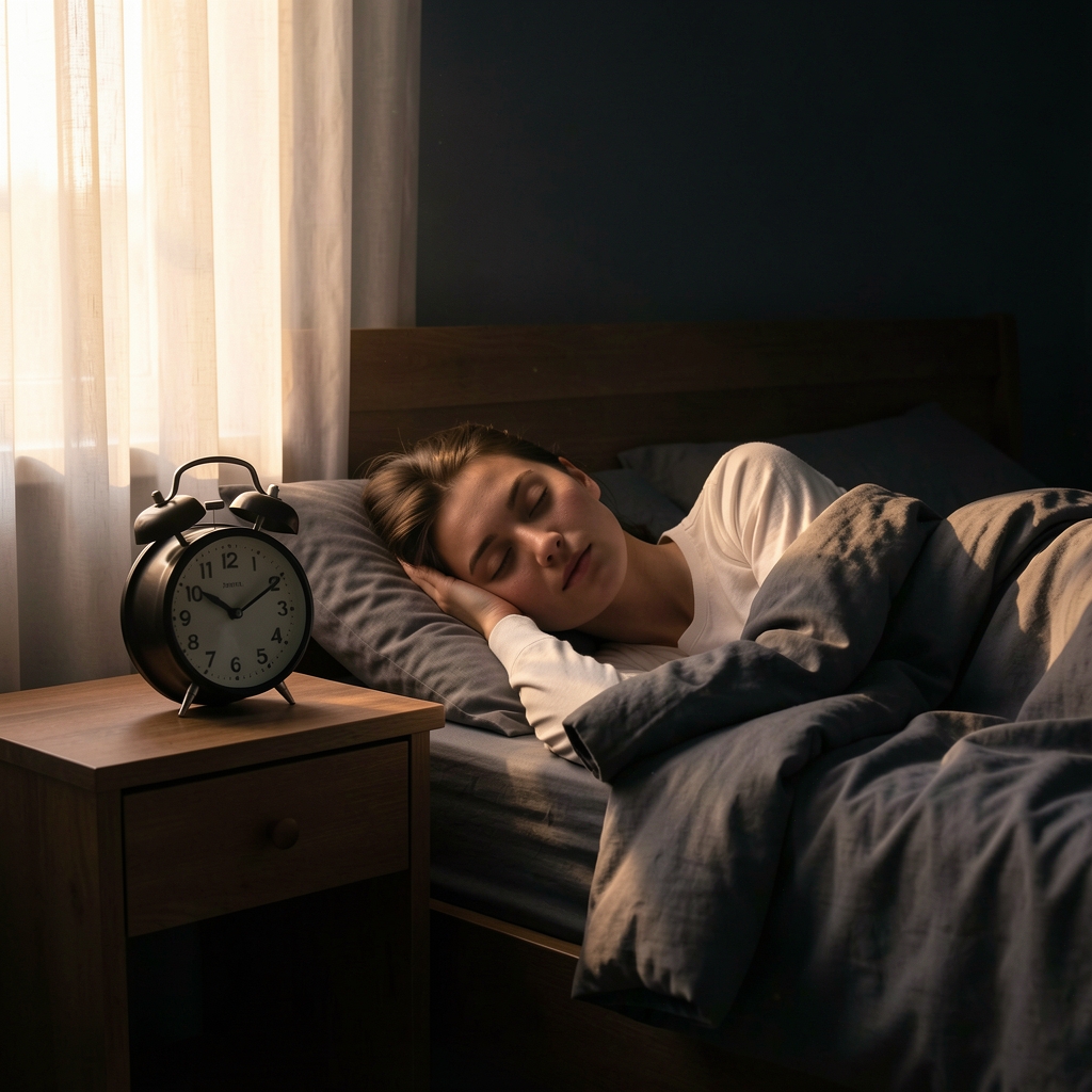 Person lying in a dark bedroom at dawn, alarm clock showing 6:30am, natural light beginning to filter through curtains across a nightstand