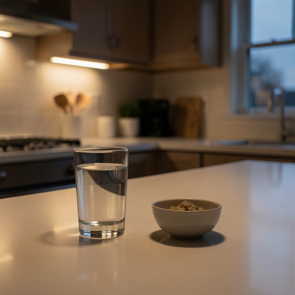 Dimly lit kitchen at 9pm, a glass of water and a small portion-sized bowl on a clean counter, quiet evening atmosphere