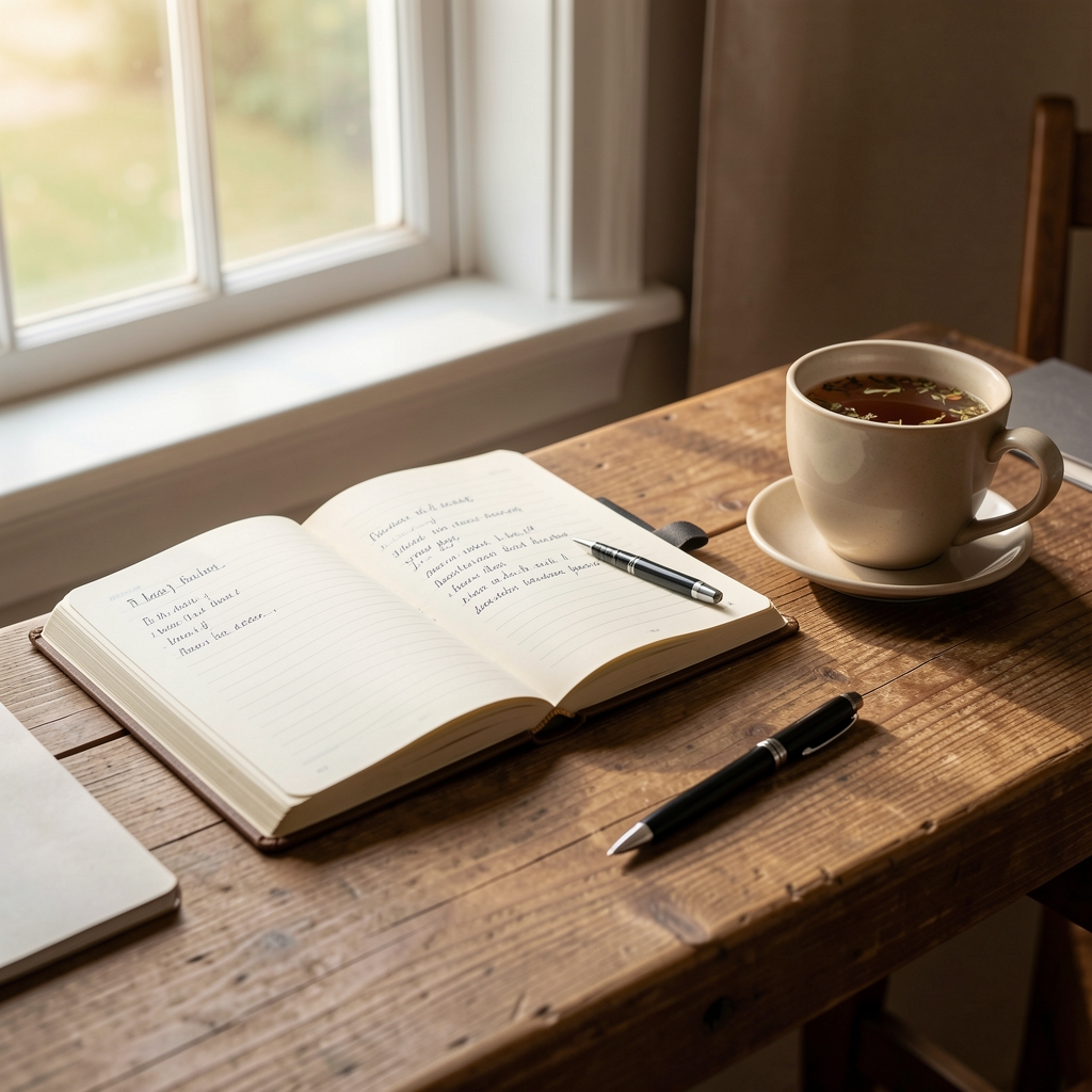 Open training journal on a wooden desk beside a cup of herbal tea, pen resting on handwritten notes, morning light from a window